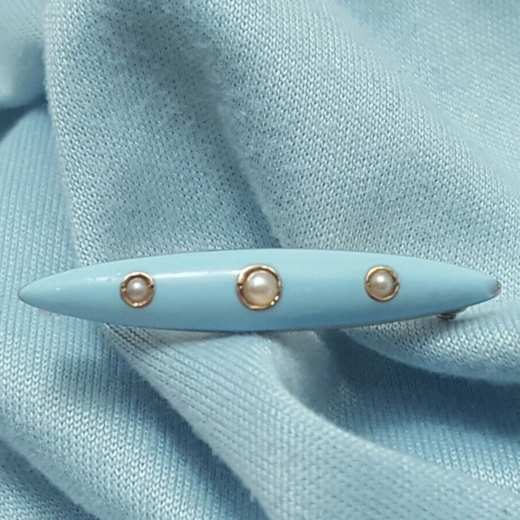 Vintage Victorian 14k Solid Yellow Gold Lsa Designer Pearl & Enamel Brooch Pin